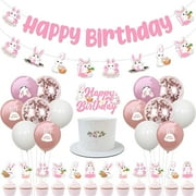 Bunny Birthday Party Decorations - Happy Birthday Banner, Cake Topper, Rabbit Cupcake Toppers, Garland, Balloons for Girl 1st 2nd 3rd Bday Easter Party Supplies