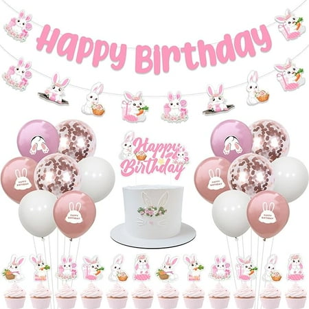Bunny Birthday Party Decorations - Happy Birthday Banner, Cake Topper, Rabbit Cupcake Toppers, Garland, Balloons for Girl 1st 2nd 3rd Bday Easter Party Supplies