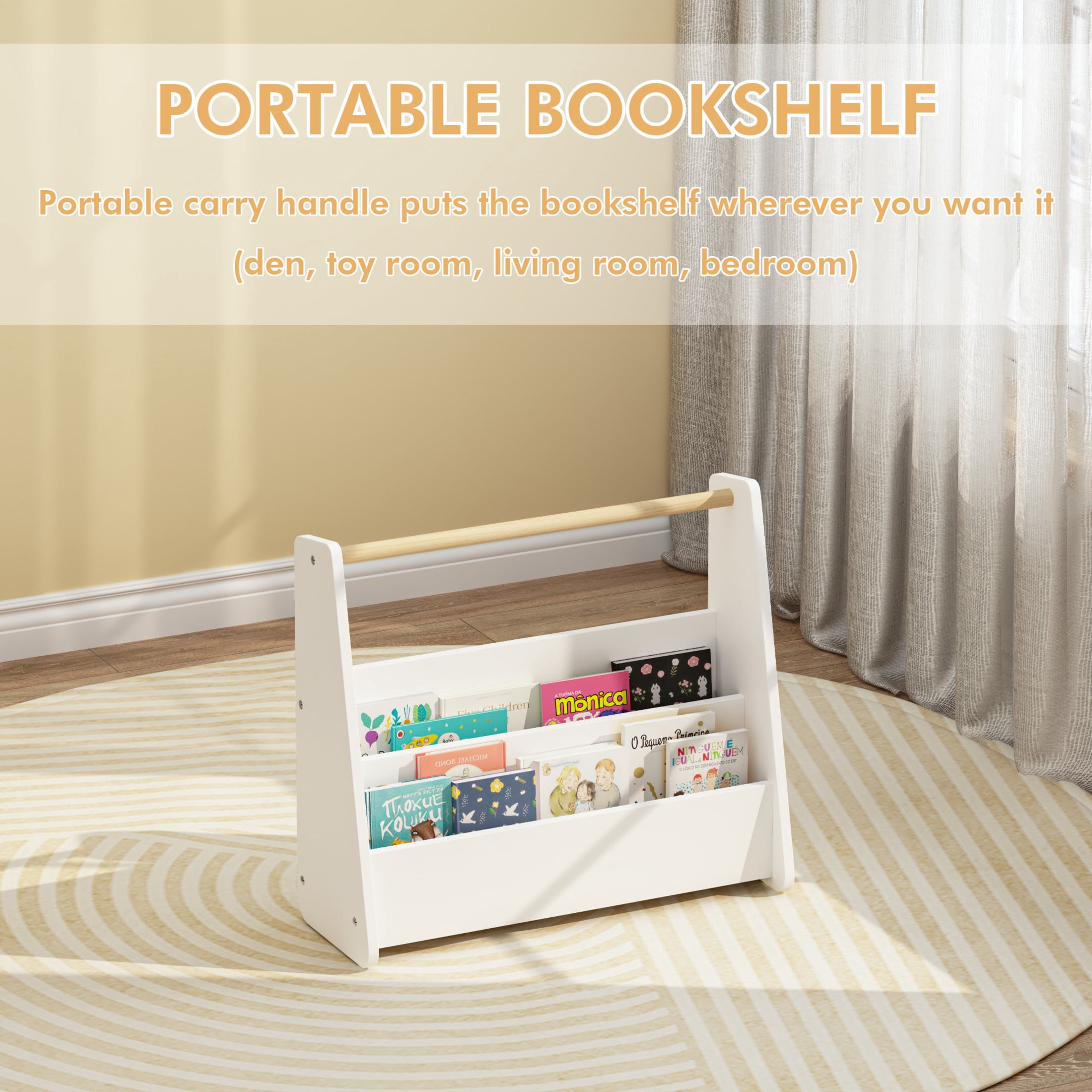 Noble House Prix 2-Tier Front-Facing Toddler Bookshelf with Portable Wooden Handle, Kids Book Storage Organizer, White