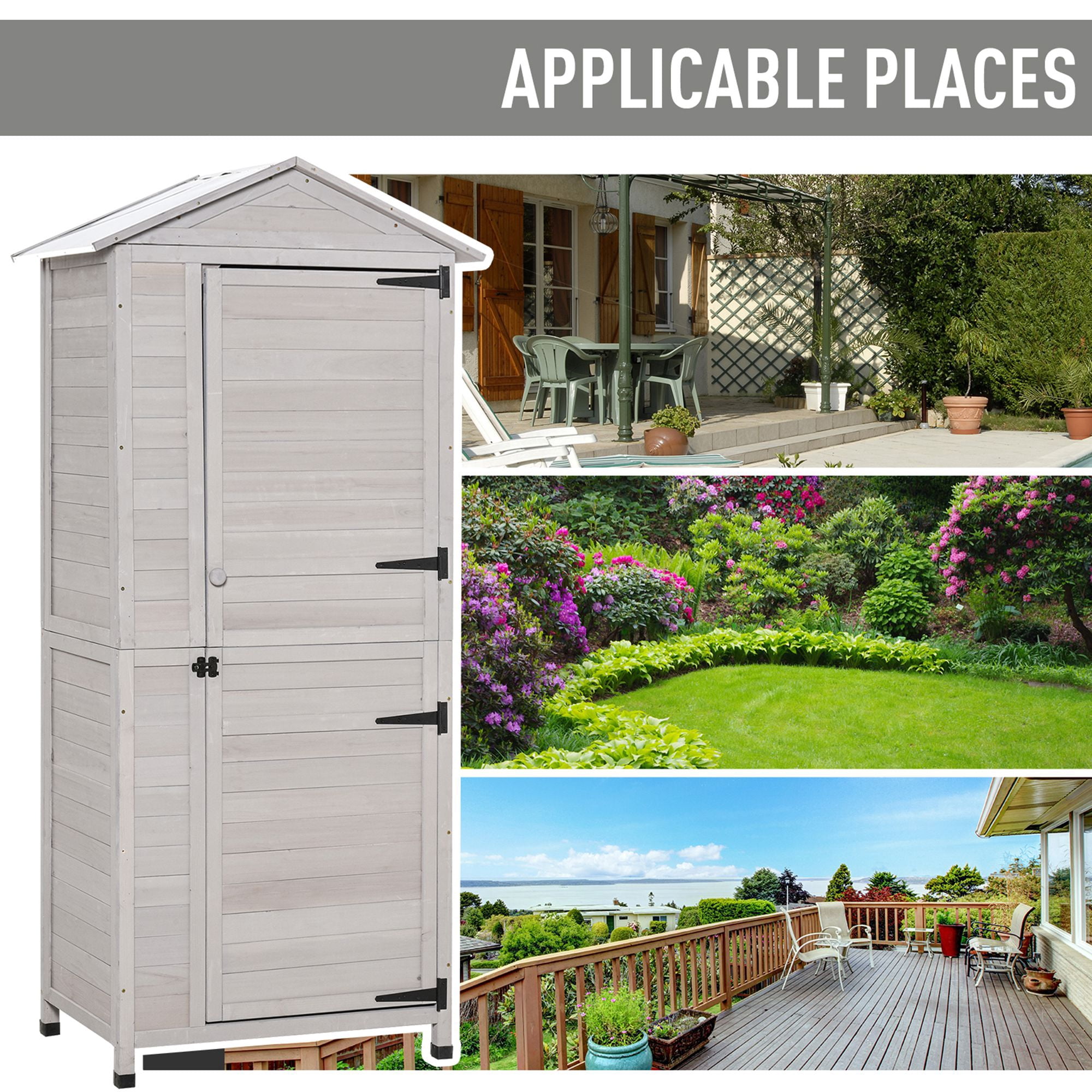 Outsunny 36" x 25" x 79" Wooden Storage Shed Cabinet, Outdoor Tool Shed Organizer with 4-Tier, 3 Shelves with Handle Tin Roof Magnetic Latch Foot Pad, Light Grey