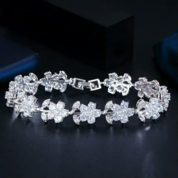 Dark Blue CZ Flower Leaf Tennis Chain Link Bracelet Fashion Silver Plated Gift