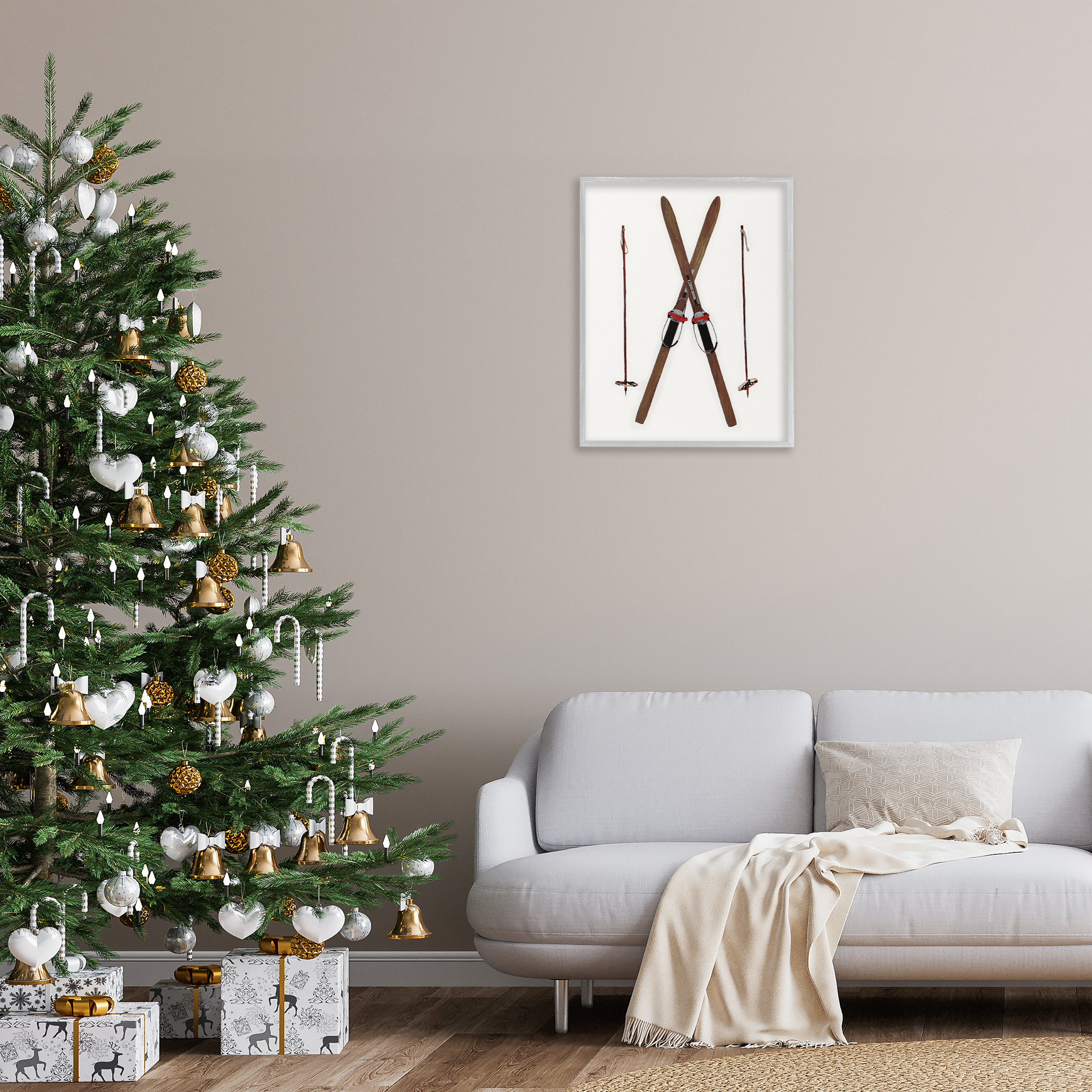 Stupell Industries Minimal Winter Skis Sports Painting Gray Framed Art Prints Wall Art, 24 x 30