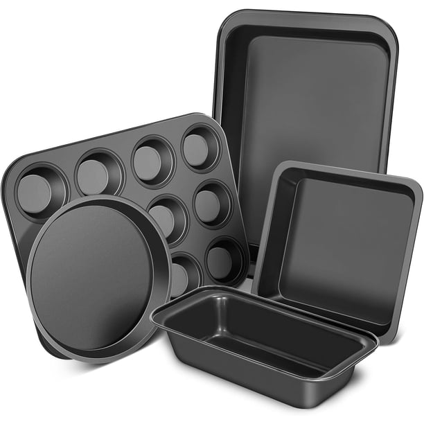 Juego de moldes para hornear, juego de 5 piezas de utensilios antiadherentes para hornear con molde para pasteles redondo/cuadrado, molde para muffins, molde para pan, molde para asar, bandejas para
