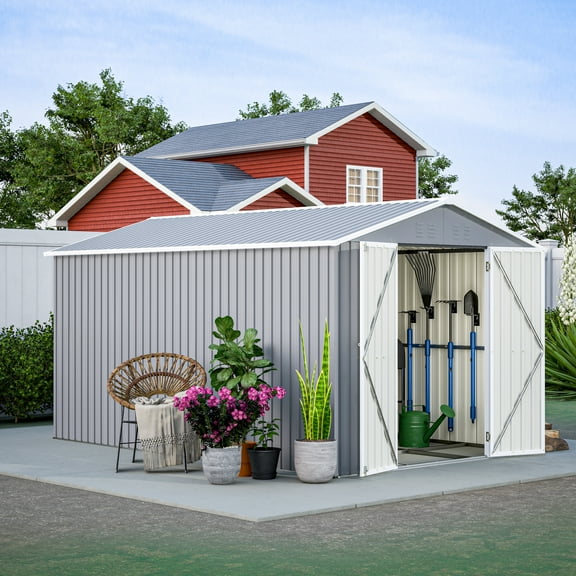 8x12 Ft Outdoor Storage Shed with Floor Frame, Metal Garden Tool Shed with Lockable Doors, Ideal for Backyard Garden Patio Lawn, Grey