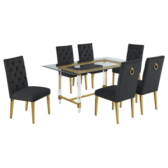 7pc. 68" x 40" Glass Dining Set with 6 Chairs and Gold Stainless Steel