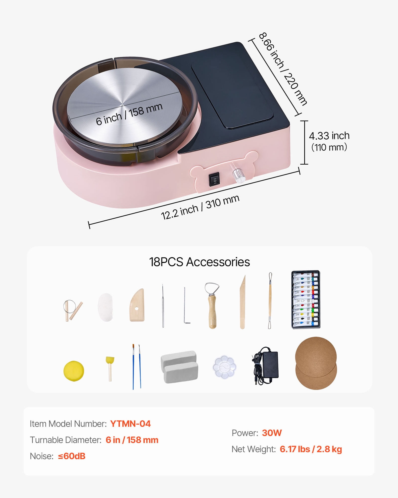 VEVOR Mini Pottery Wheel, 6 inch Turntable, Forward and Reverse Rotation, Adjustable Speed, Electric Clay Wheel for Kids and Adults, with Clay Shaping Tools, for Home DIY, Pottery Classes, Pink