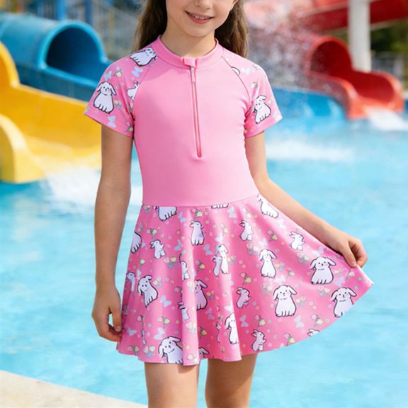 Cowsor 3-13Y Kids Rabbit Print One Piece Swimsuit Short Sleeve Crew Neck Half Zipper Closure Swim Dress UV Protection for Summer Beach Pool