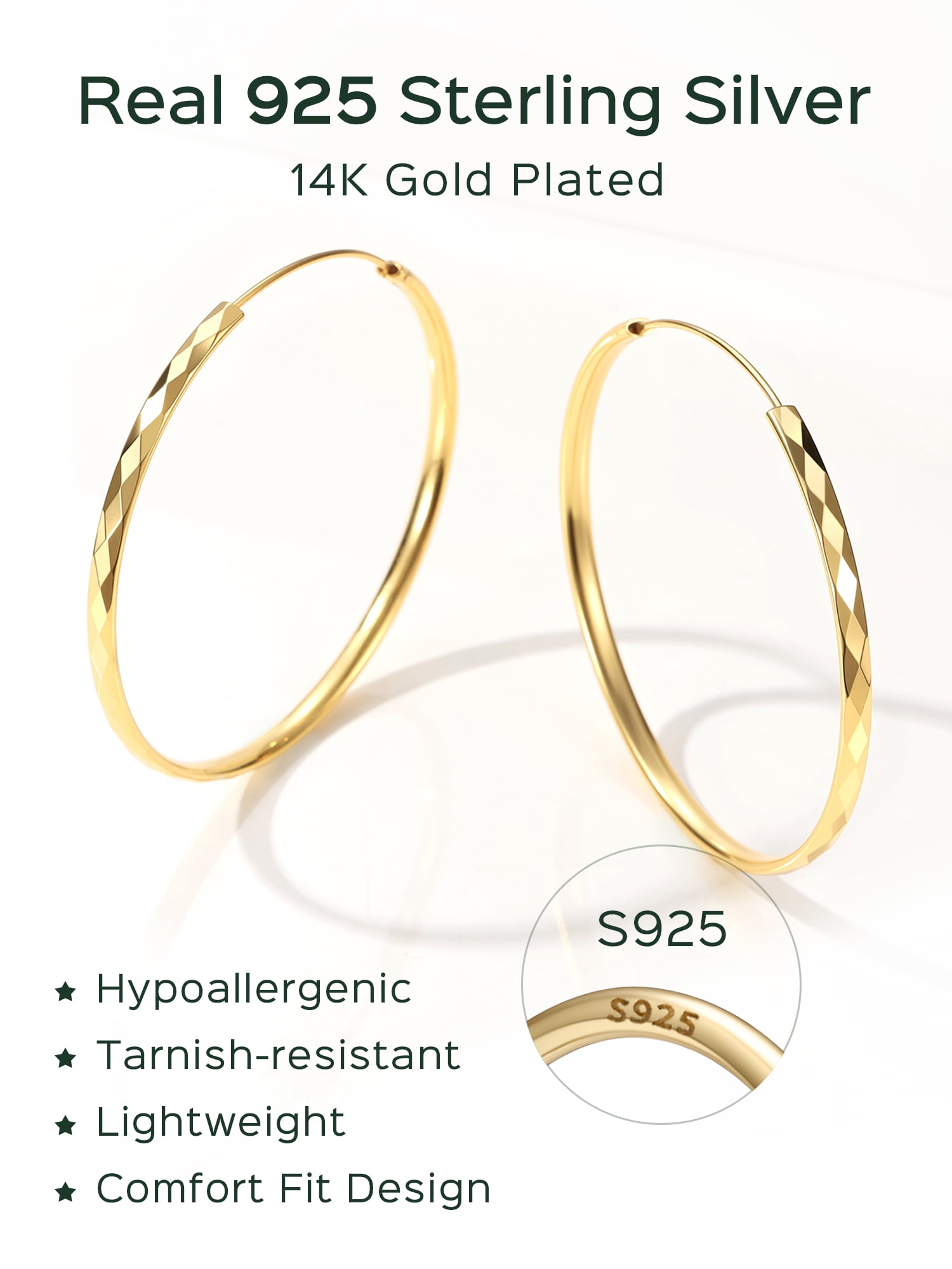 ChicSilver 14k Gold Plated Big Hoop Earrings for Women Hypoallergenic Lightweight Thin Gold Hoop Earrings Sterling Silver Diamond-Cut Hoops Earring 50MM