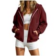 thumbnail image 5 of felwors Long Sleeve Waffle Knit Zip-Up Hoodie Oversized Textured Sweatshirt with Kangaroo Pocket for Women Fall Casual Cozy Wine for Size XXL, 5 of 7