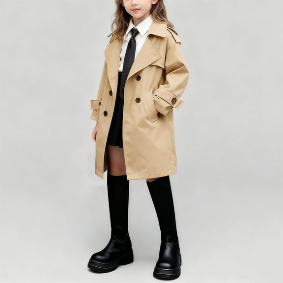 BRGZLK Girls British Solid Color Button Down Trench Coat Mid Long Length Double Breasted Dress Coats Fall Winter Fashion Outfits Khaki 9-10 Years