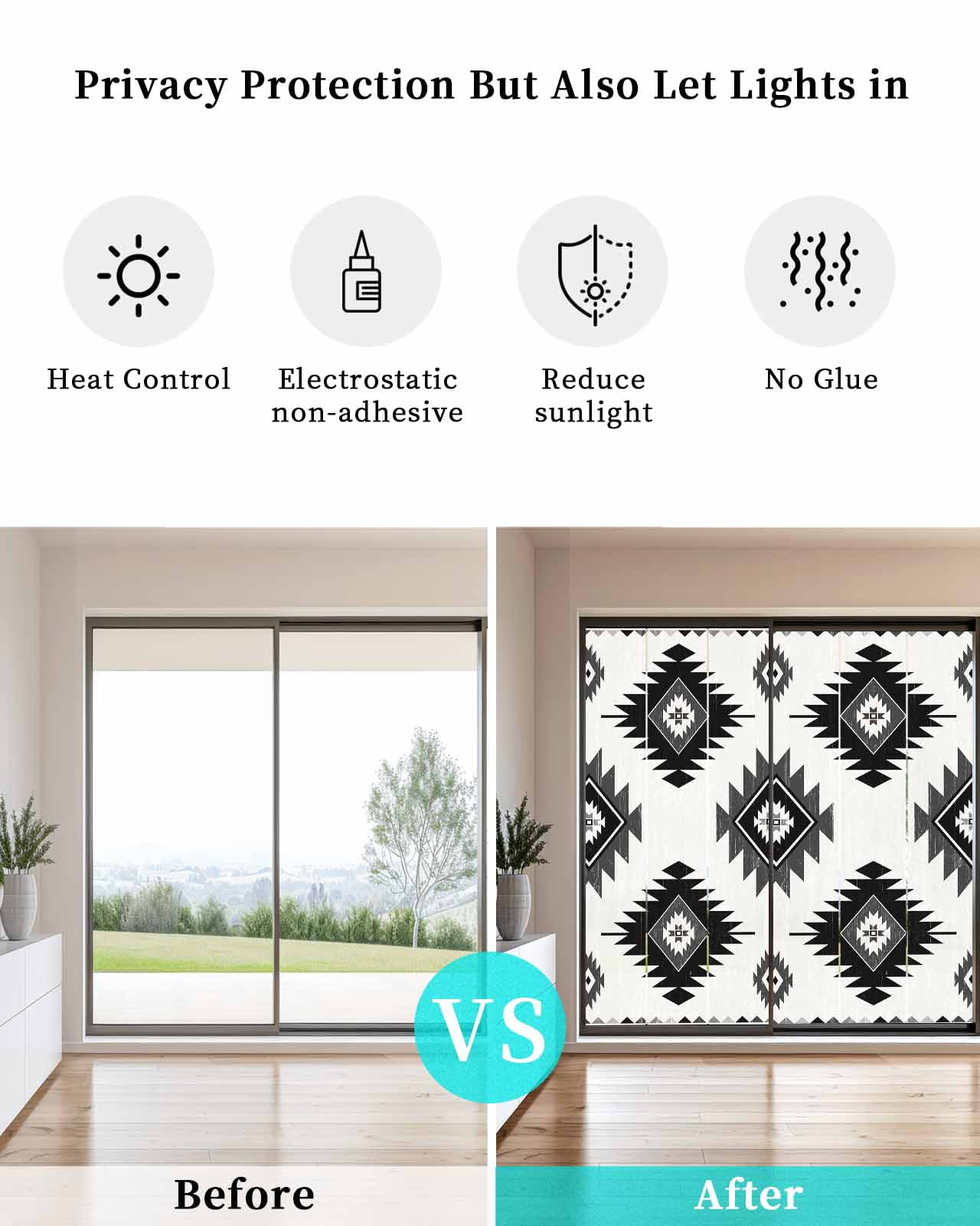 Window Privacy Film Black Aztec Stained Glass Window Film Decorative Sun Block Window Cover Southwest Boho Tribal Abstract Geometric Window Clings Static Adhesive Sticker for Bathroom 23.6"x59"