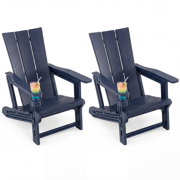 Gymax 2PCS Adirondack Chair w/Cup Holder All-Weather HDPE Plastic Outdoor Patio Chair