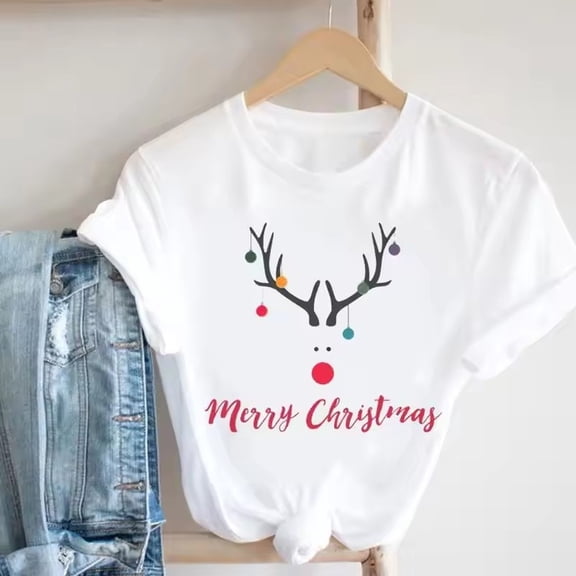 Burst Merry Christmas Christmas Tree Santa Cute Fashion Cartoon Half Sleeve Short Sleeve T-shirt Woman T Shirt Tops