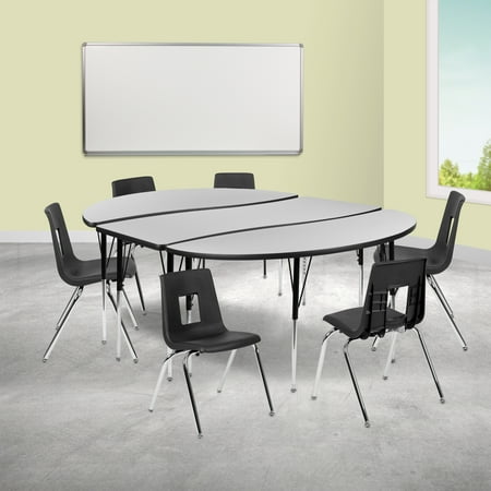 UPC: 0889142933113 | Flash Furniture Emmy 86 Oval Wave Flexible Laminate Activity Table Set with 18 Student Stack Chairs Grey/Black