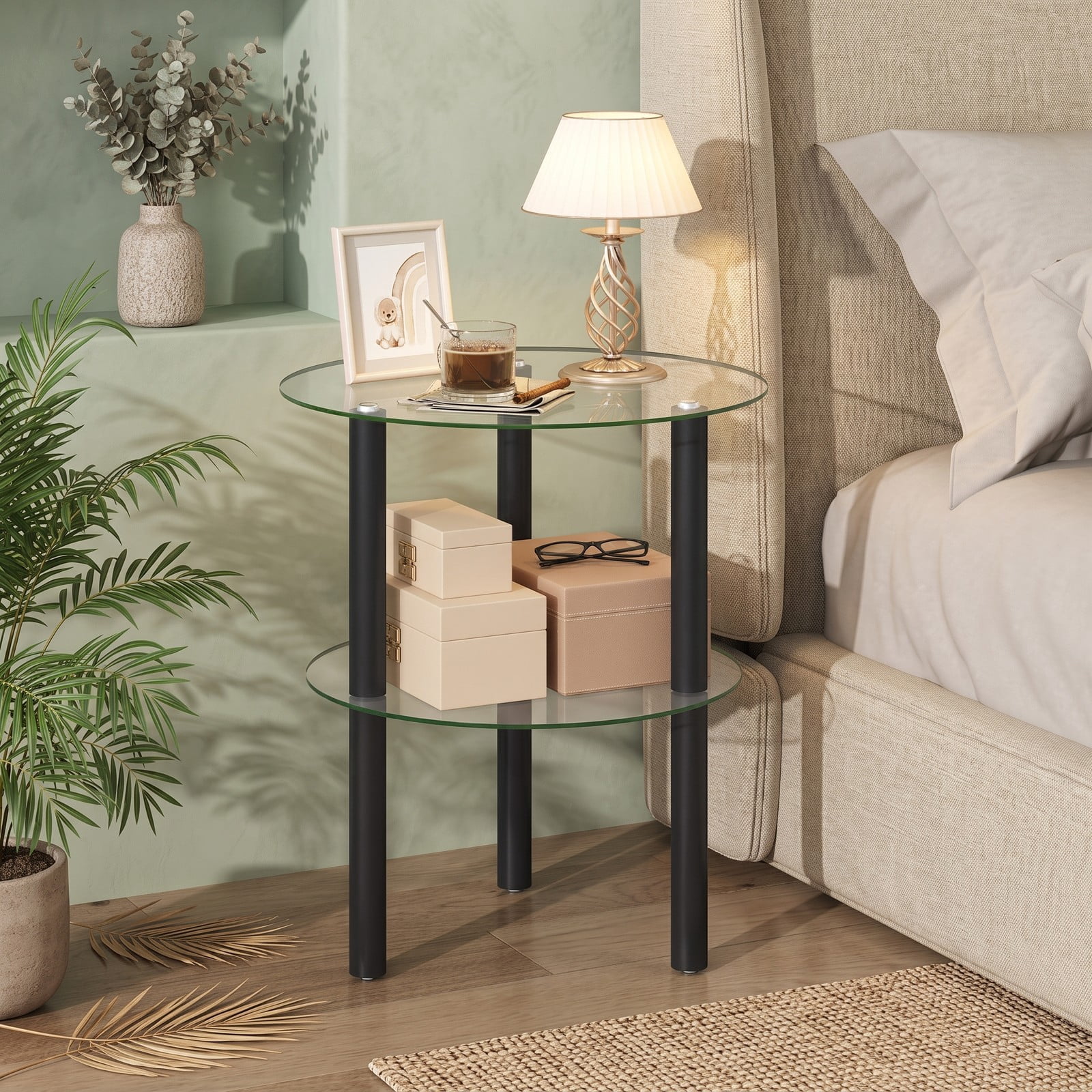 Furnibear 2-Tier Round End Table with Clear Tempered Glass Top and Storage Shelf, Rubber Wood Legs Side Sofa Nightstand for Living Room Bedroom, Black