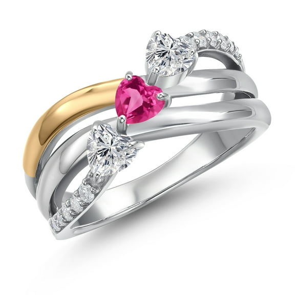 Gem Stone King 925 Silver and 10K Yellow Gold Lab Grown Diamond and Pink Created Sapphire and Lab Grown Diamond Engagement Ring for Women | 1.17 Cttw | Heart Shape Gemstone April Birthstone | Size 8