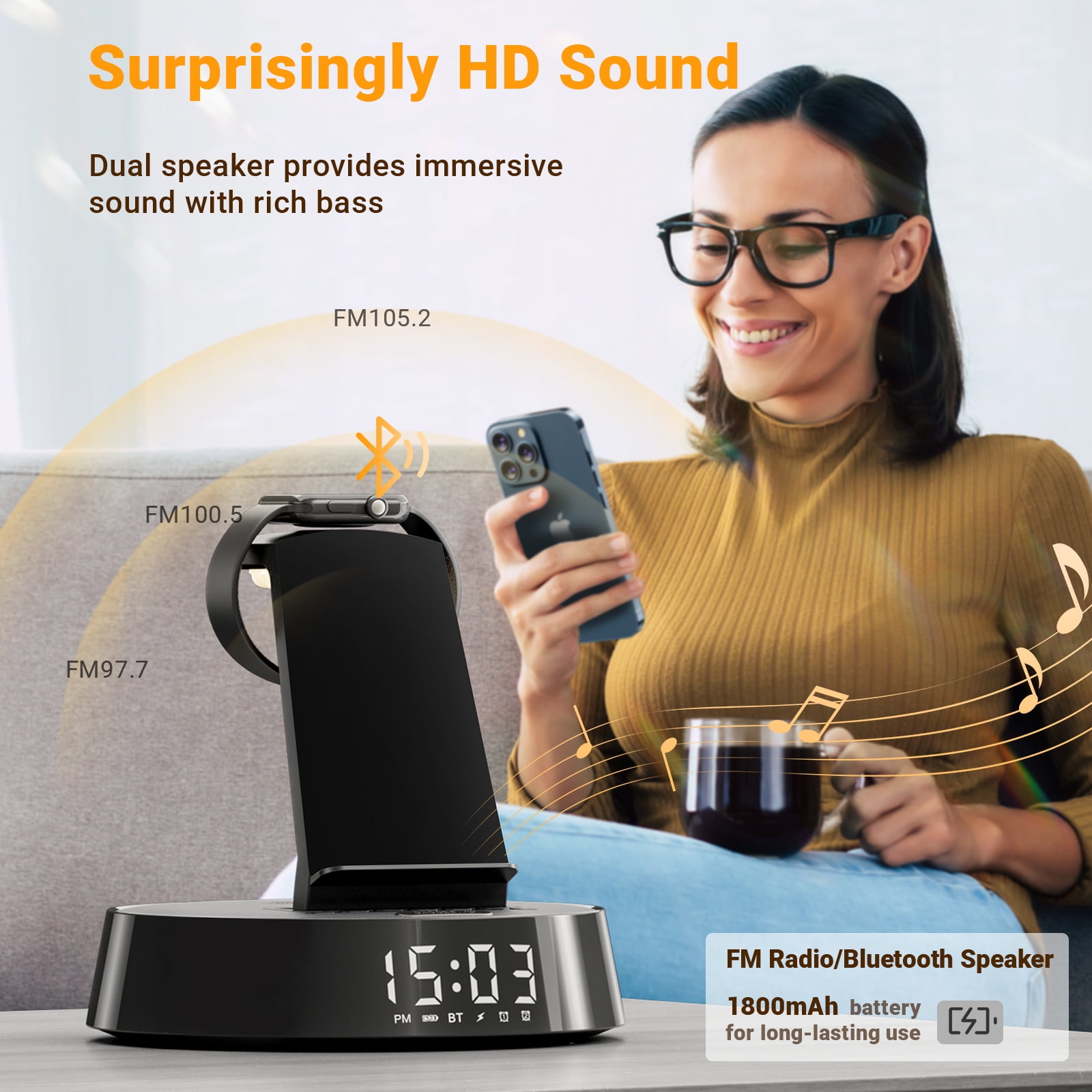 7-in-1 Wireless Charging Station For iPhone, Apple Watch, AirPods & Bluetooth Speaker Alarm Clock Dimmable Night Light Black