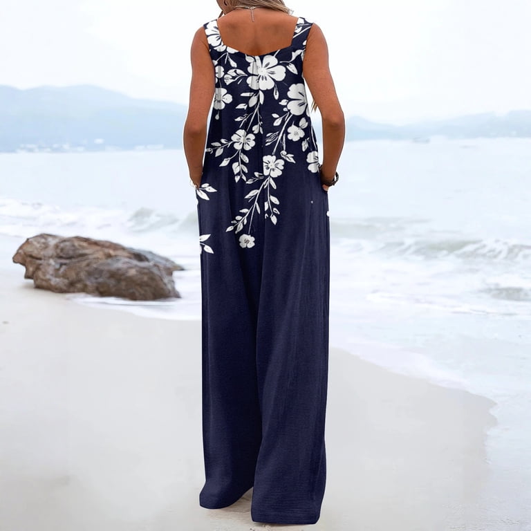 cute dresses and jumpsuits Jumpsuits for Women Wide Leg Cute Rompers Summer Sleeveless Comfy Overalls  Baggy Classy Travel Outfits Blue XL
