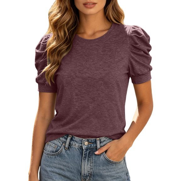 Wang6 Puff Sleeves Tshirts for Womens Summer Short Sleeve Solid Tops Causal Loose Fit Crew Neck Tees 0522liRed XL
