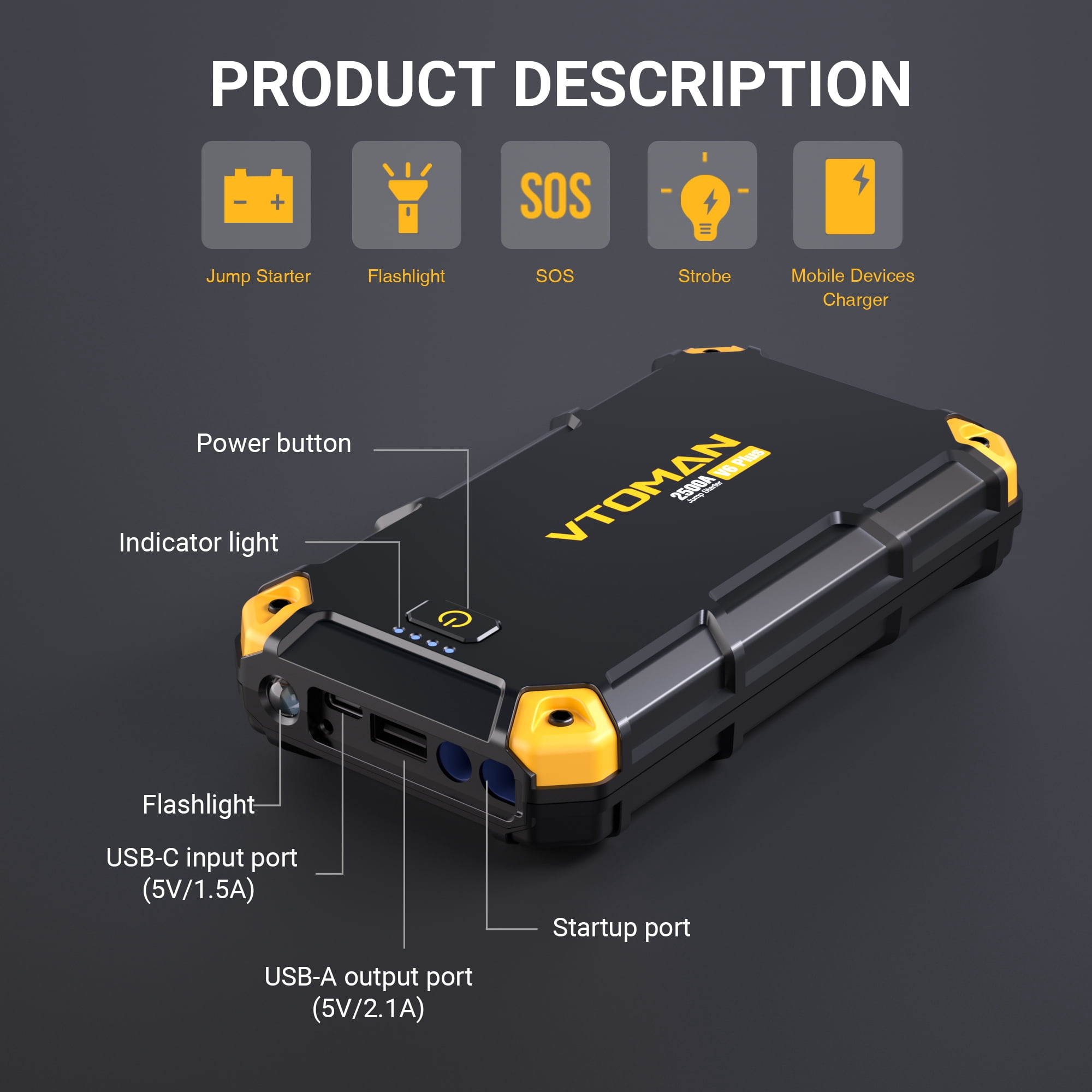 VTOMAN 2500A Car Jump Starter, Portable Battery Jumper for 12V Vehicles (6.0L Gas/4.0L Diesel), 10000mAh Fast Charging & Jumper Cables, V6 Plus