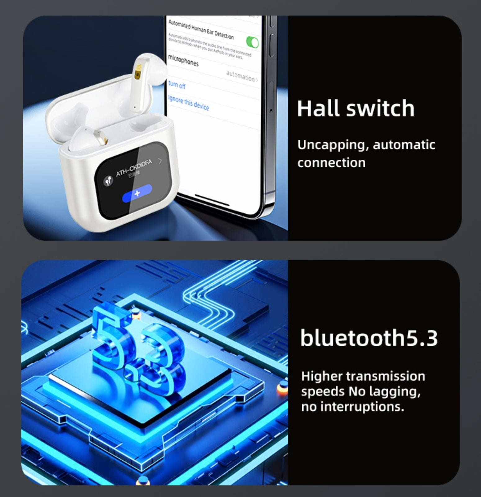2.01" Touch Screen Wireless Bluetooth Earbuds with 8G Memory, 30H Playtime Deep Bass Bluetooth Headphones with 4 ENC Mic, Waterproof Wireless Earphones for Tablet Laptop Android/iOS Phones(Black)