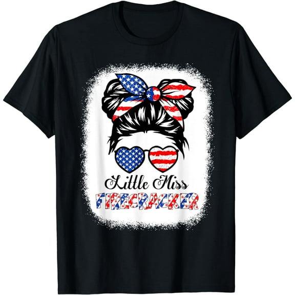 Little Miss Firecracker USA Flag 4th Of July Girls Messy Bun T-Shirt