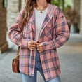 thumbnail image 2 of Busydd Womens Plaid Shacket Jacket Button Down Drawstring Hooded Flannel Shirts Fashion Casual Long Sleeve Shirts for Women Lightweight Loose Fall Jackets Tops with Pockets, 2 of 8