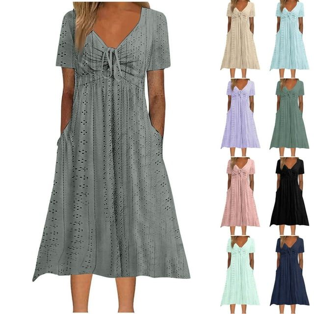 Meichang Robe d'Été pour Femmes Mi-Longue à Manches Courtes, Col en V, devant Torsadé, Broderie Anglaise, Robes Trapèze, Coupe Ample, Fluides, Robes de Plage avec Poches