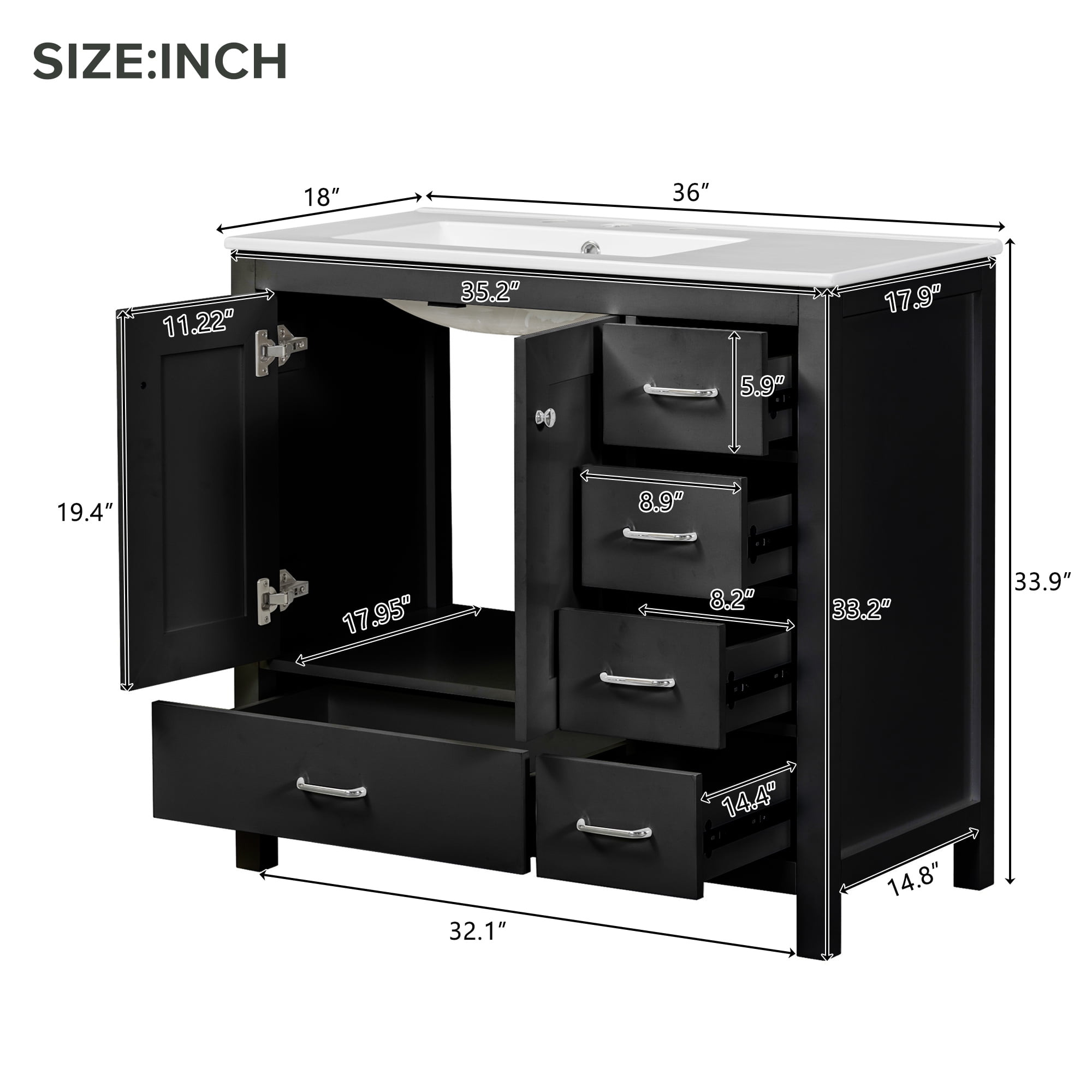 Euroco 36" Black Bathroom Vanity with Ceramic Sink Combo, Abundant Storage Cabinet -2 Soft close doors and 5 drawers