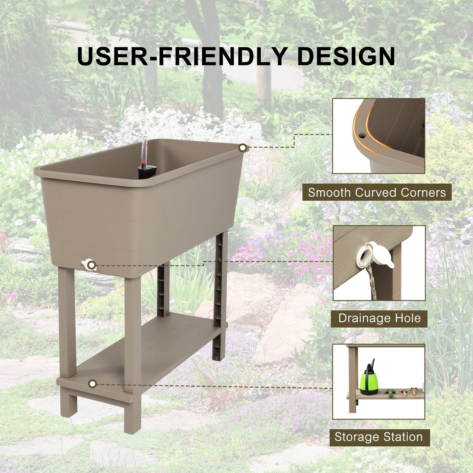 BPS Outdoor Raised Garden Bed, Set of 3 Self-Watering Elevated Planter Box with Legs - Khaki