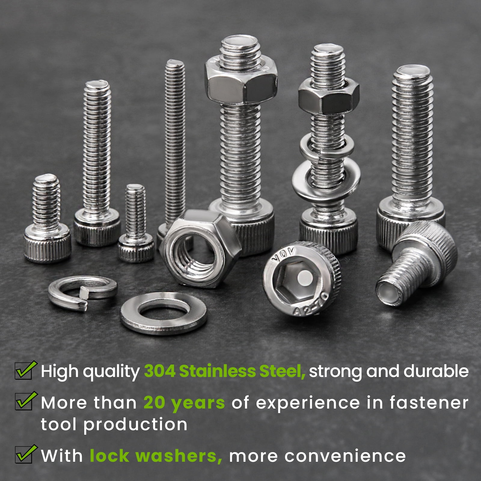 120pcs M6 Stainless Steel Bolt Assortment Kit - Hex Socket Head Screws With Nuts & Washers, 304 Stainless