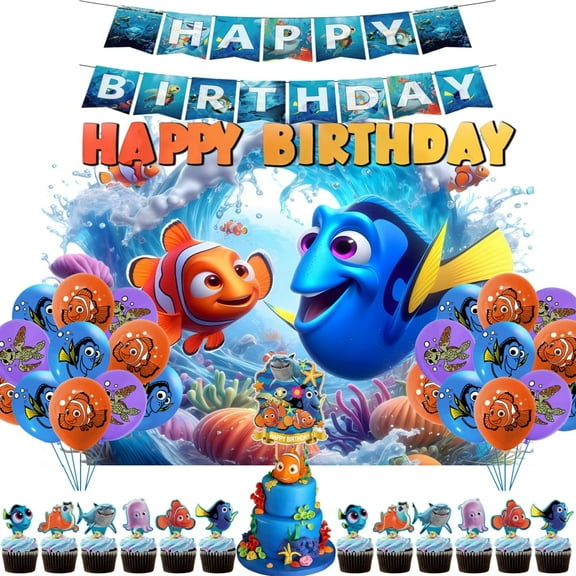 Finding Nemo Theme Cartoon style Birthday Decoration Kits，Party Supplies Including Banner, Balloons, Cake Toppers, Cupcake Toppers，Background Flag.