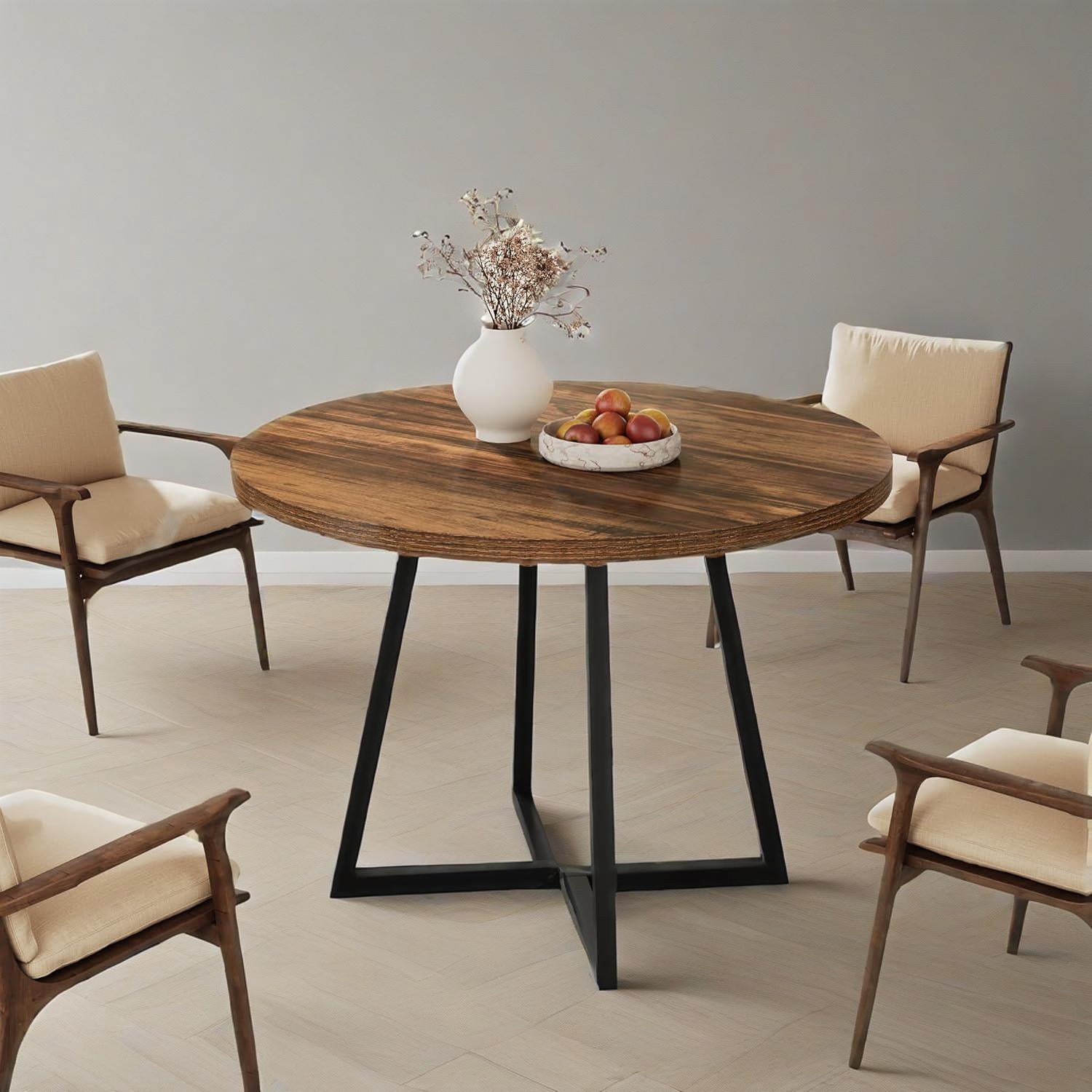 Dining Table, Round Wood Top with Black Metal Frame, Seats 2, 31.49 in W x 31.49 in D x 29.52 in H