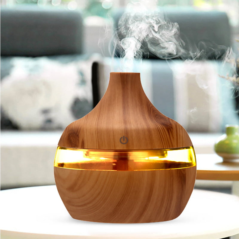 300 ML Ultrasonic Humidifier Deep Wood Grain Essential Oil Cool Air Mist Aroma Diffuser Colorful LED Night Light with USB Cable for Home Office Car Spa Yoga Baby Room 