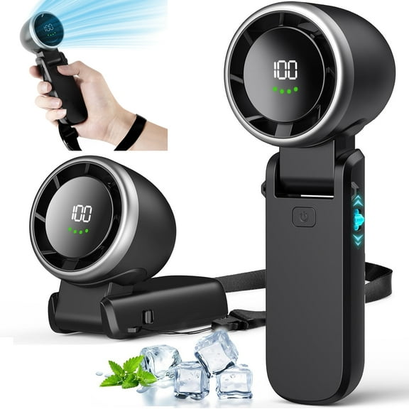 LOFTER-PRO Portable Handheld Fan, Rechargeable Turbo Mini Fan, 100-Speed Personal Fan with LED Display, 3 IN 1 Pocket-Sized Cooling Hand Fan Neck Fan Desk Fan for Travel & Outdoor, Black
