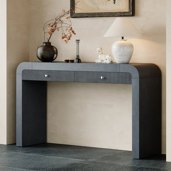 Retro Curved Console Table with 2 Drawers, Versatile 54'' Long Accent Entryway Table Sofa Table with Thick Legs for Hallway & Living Room, Dark Navy