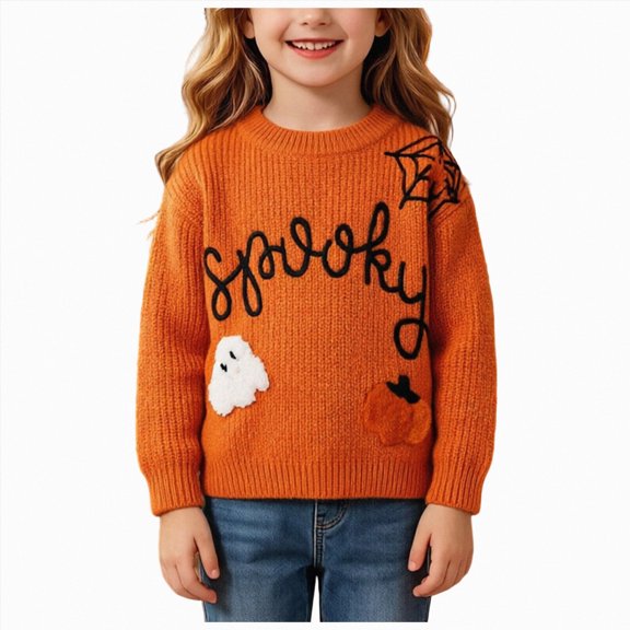 2-3 Years Toddler Girls "Spooky" Ghost Pumpkin Embroidered Knit Sweater,Halloween Pullover