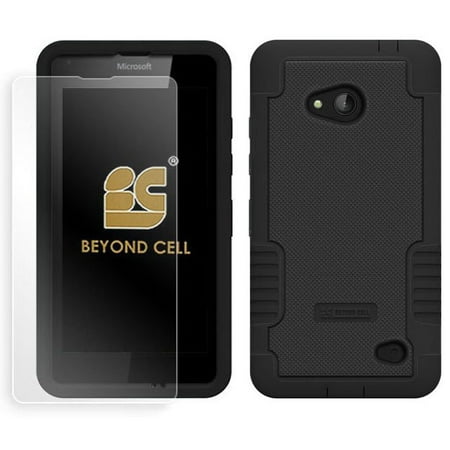 I617 Cell Phone Skins - BEYOND CELL BLACK DUO-SHIELD SOFT RUBBER SKIN HARD SHELL CASE COVER + SCREEN PROTECTOR FOR MICROSOFT LUMIA 640 PHONE (RM-1109, T-MOBILE, METRO-PCS, CRICKET, UNLOCKED)