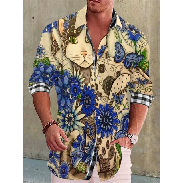 Camisa de hombre de manga larga con solapa, suelta, informal, para exteriores, primavera y verano, material de alta calidad, costura de mapa, cuadros, impresión 3D, talla grande