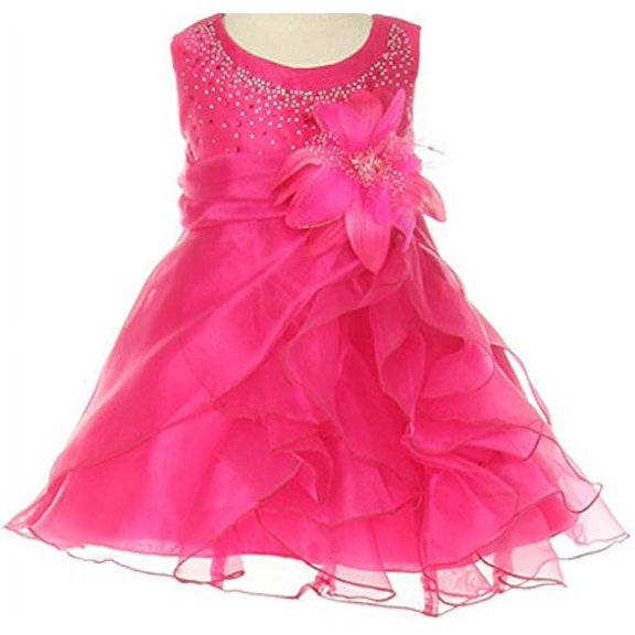 Baby & Infant Flower Girl Dress with Crystal Organza Cascading Ruffles Fuchsia L CC1101B