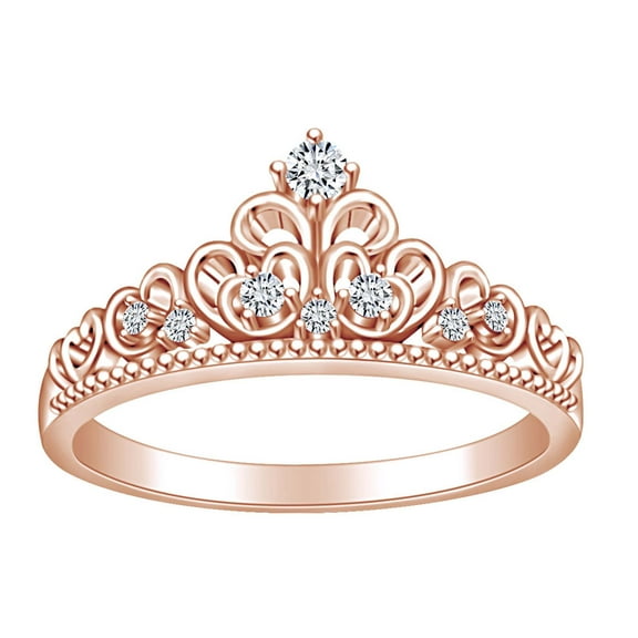 AFFY Round Shape White Cubic Zirconia Princess Crown Engagement Band Ring In 14k Rose Gold Over Sterling Silver Ring Size-5