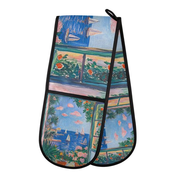 Yayeee Double Oven Mitt Kitchen Heat Resistant Baking 35" x7" Quilted Glove, Sea Window