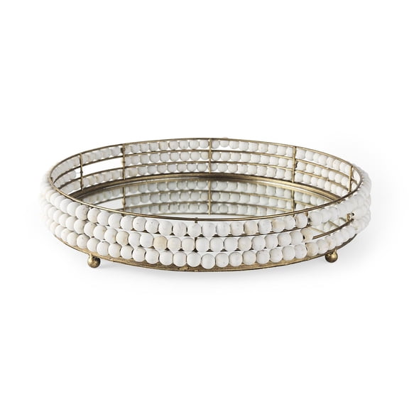 Decatur I White Wooden Bead Mirrored Bottom Round Tray