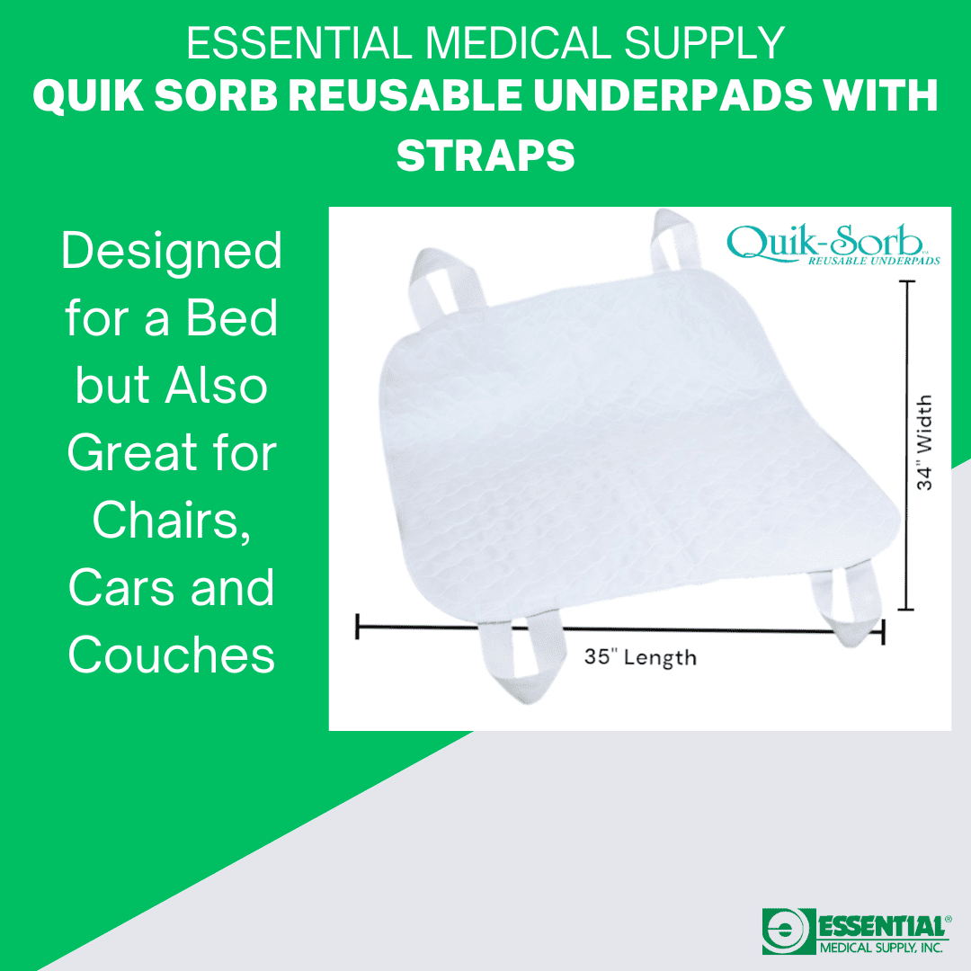 Essential Medical Supply Quik-Sorb 34" x 35" Quilted Reusable Underpad with 4 Straps - Waterproof Incontinence Bed Pads for Adults and Seniors, Washable Bed Pads with Handles for Caregivers