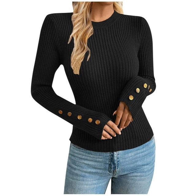 JGGSPWM Chandails Blouses de Mode d'Automne pour Femmes Couleur Unie Manches Longues Col Rond Bouton Extensible Tenue de Bureau Décontractée Hauts de Travail Noir G