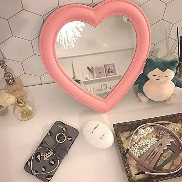 Pink Love Mirror Desktop Makeup Mirror Wall Mounted Dual-Use Vanity Mirror Girl Room Wall Decoration Heart-Shaped Mirror (Big Pink)