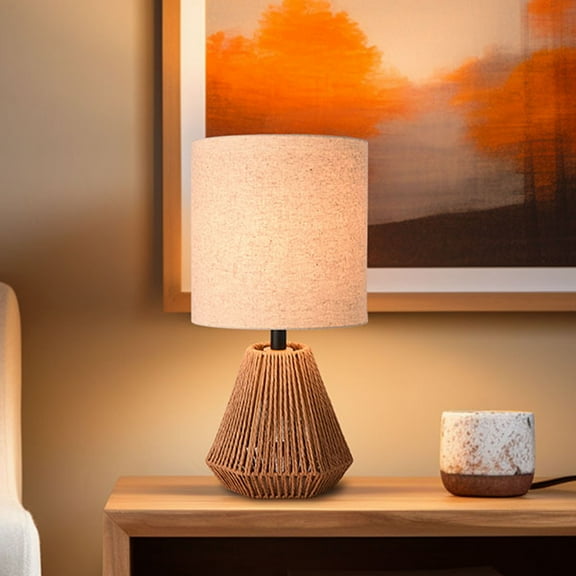 KUNJOULAM Rattan Table Lamp, Small Nightstand Lamp with Linen Fabric Lampshade, Desk Lamp for Living Room Home Office