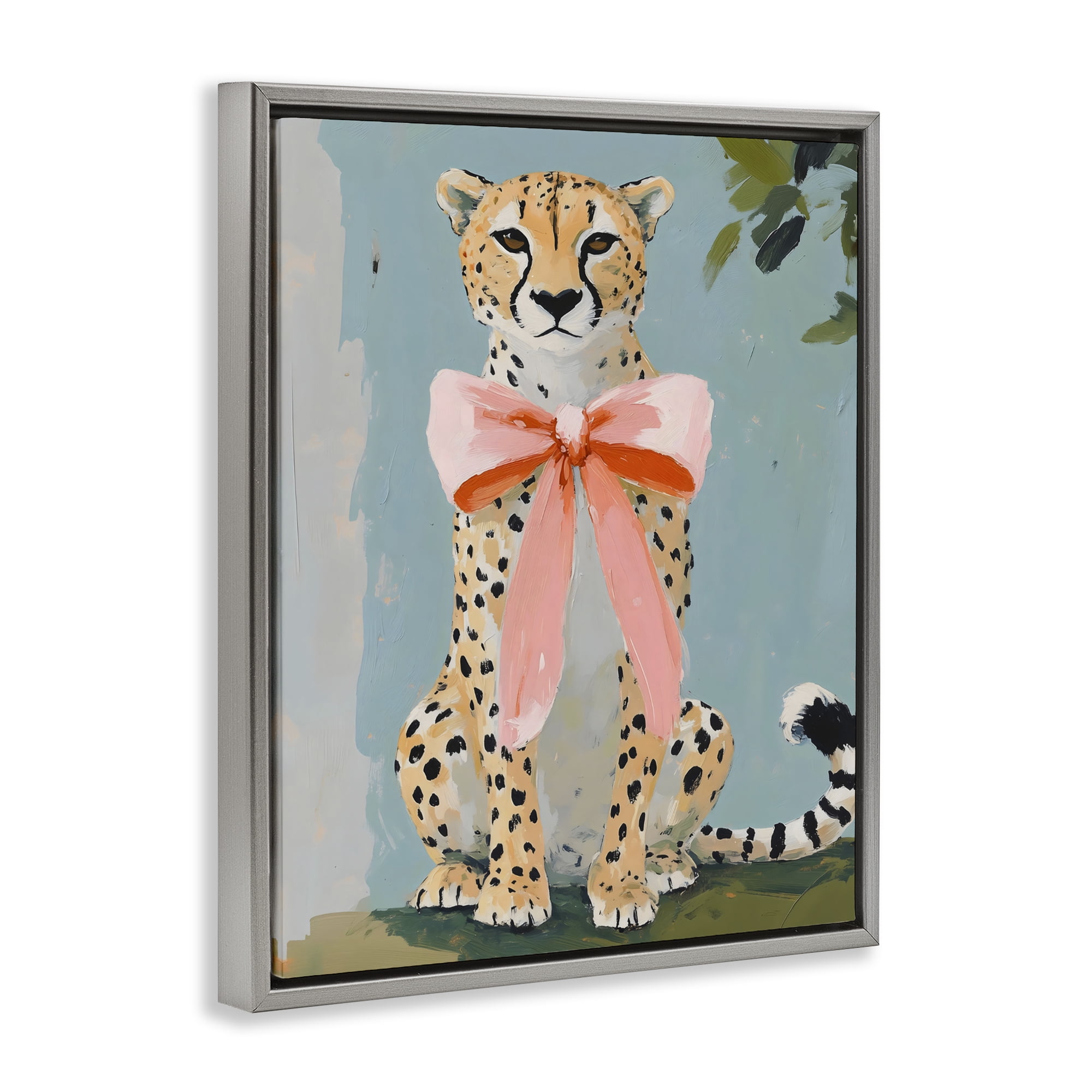 Stupell Industries Cheetah with Big Pink Bow Gray Framed Floater Canvas Wall Art, design by The Prints Vibe