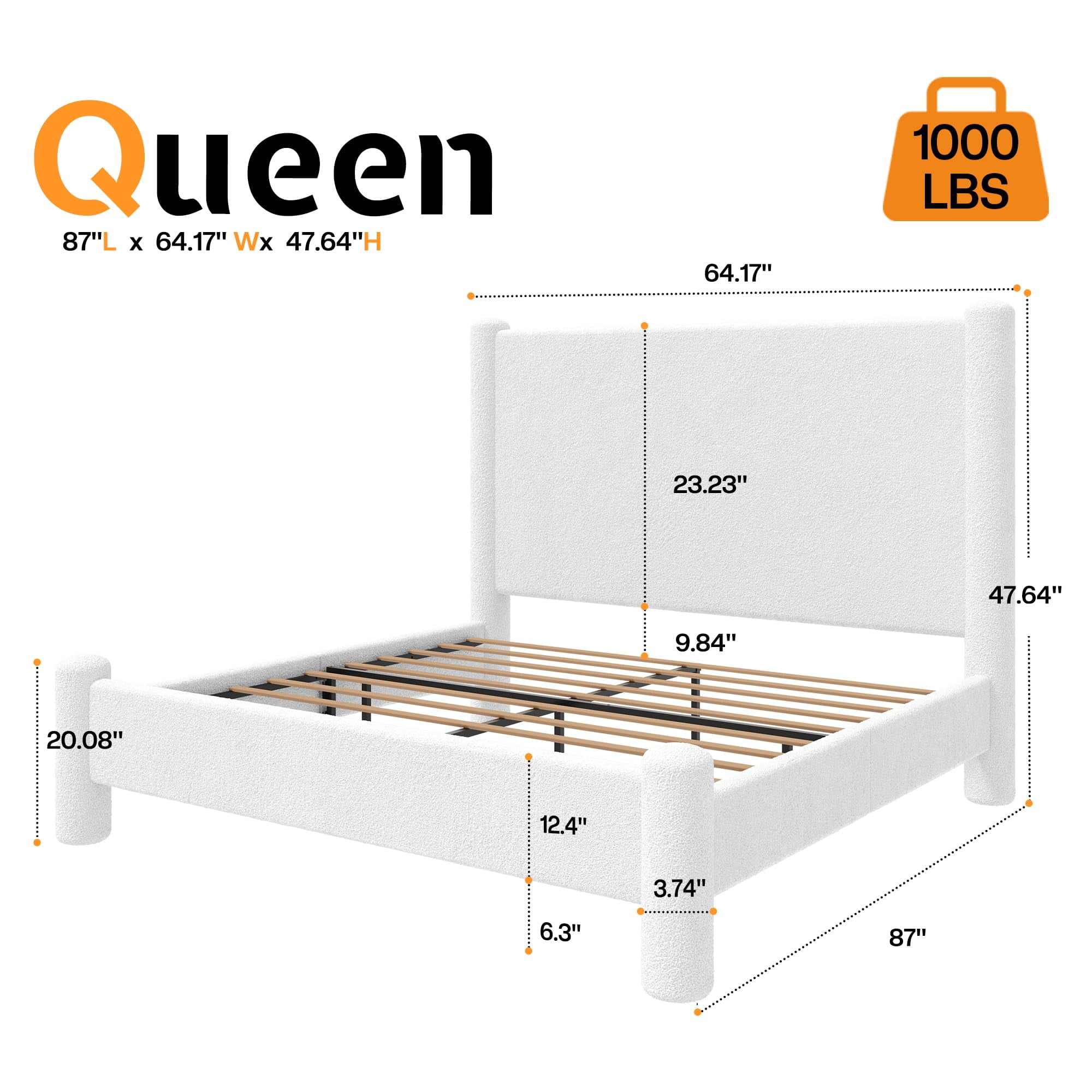 Merluxy Queen Size Bed Frame, Boucle Upholstered Bed Frame with Charging Station, Platform Bed with Soft Rounded Corners, Easy Assembly, White