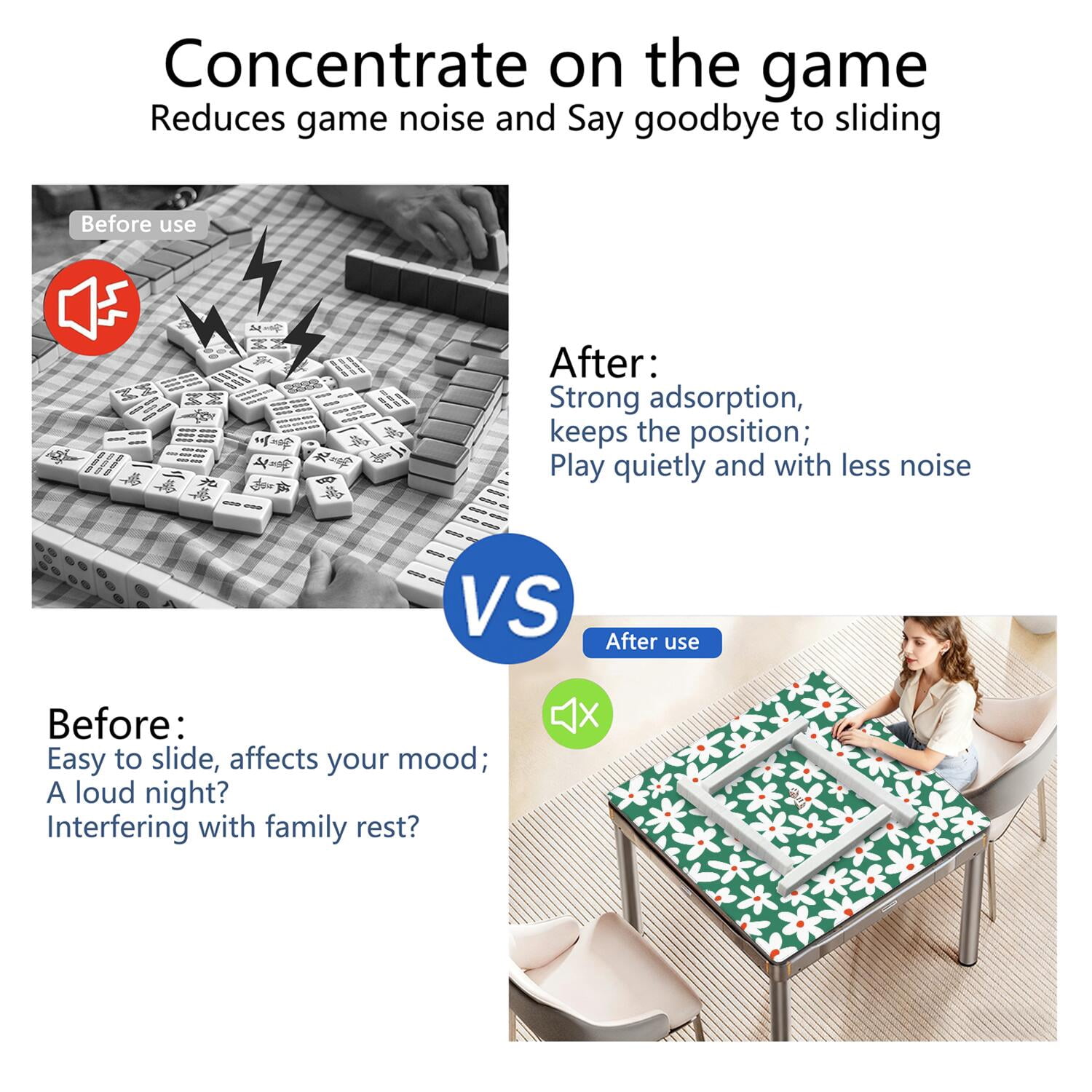 Classic Floral Style Extra Large Rubber Cover for Game Tables 31.5 Inch Square Mahjong Pad with Non-Slip Backing & Quiet Surface for Tile Play